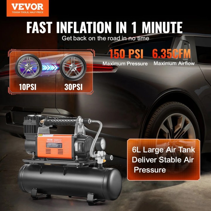 Kompresor 12V VEVOR 6L 150 PSI 6,35 CFM – przenośny inflator do opon