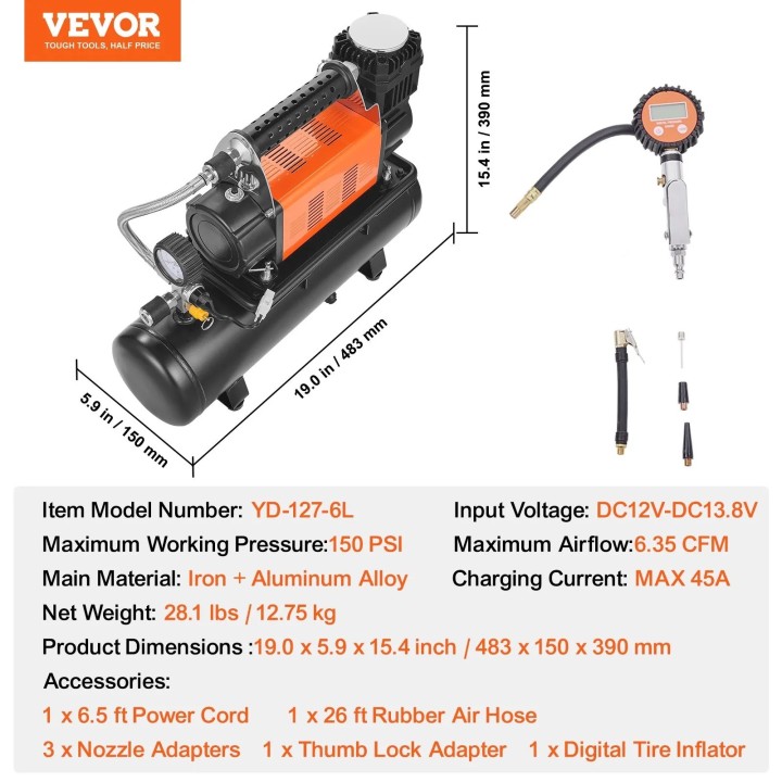 Kompresor 12V VEVOR 6L 150 PSI 6,35 CFM – przenośny inflator do opon