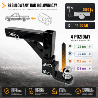 Regulowany adapter haka USA 2" z kulą przejściówka do amerykańskiego haka holowniczego