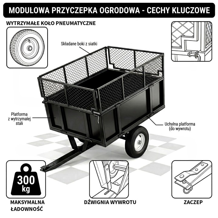 Przyczepka ogrodowa z kiprem 300 kg Barracuda B-TC3080