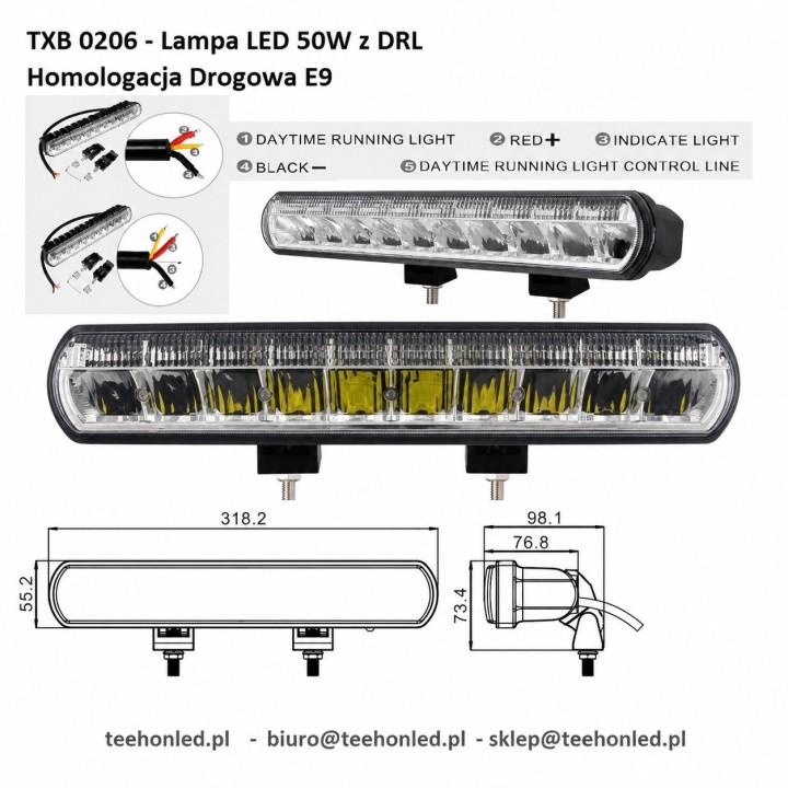 Lampa drogowa LED 50 W z DRL TXB 0206, homologacja E9