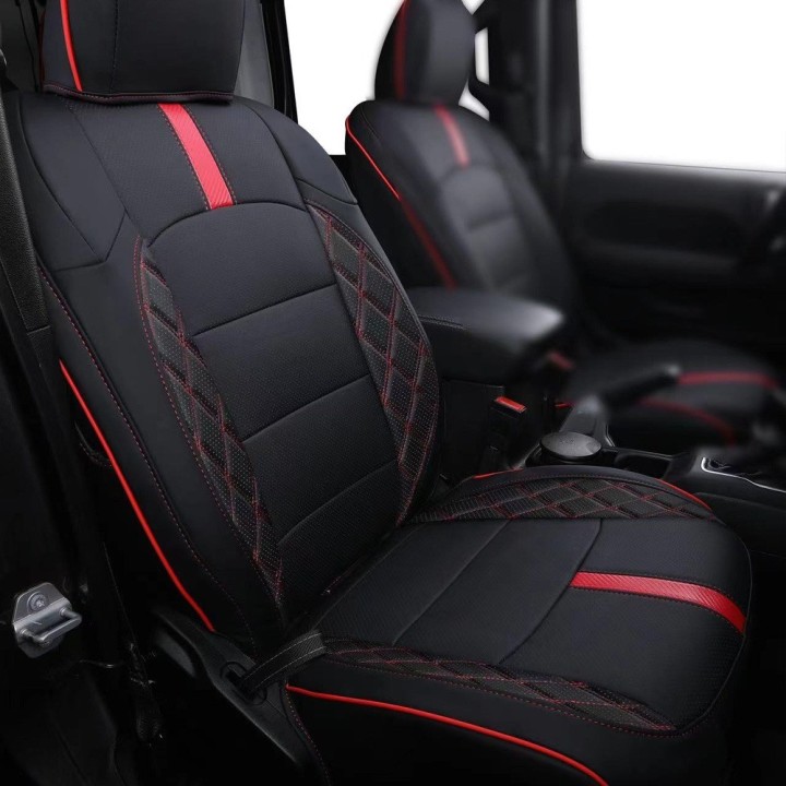 Pokrowce foteli Jeep Wrangler JLU 4D 2018+ — czarne z czerwonymi wstawkami