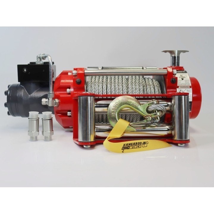 Wyciągarka hydrauliczna K10000HI liną stalową, hakiem, prowadnicą rolkową i napinaczem Kangaroowinch